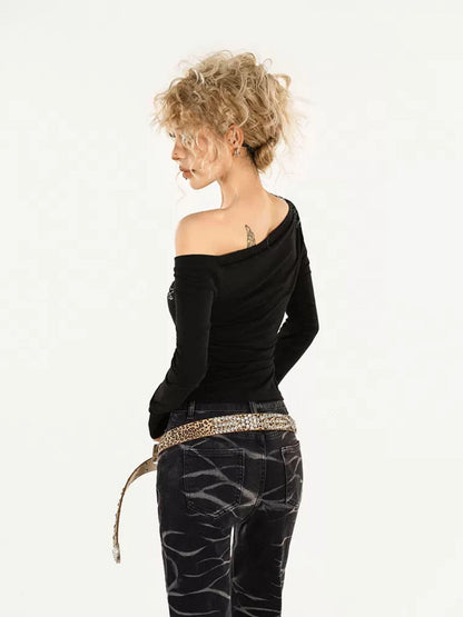 Nico Molly Rhinestone Print Asymmetric Shoulder Women&