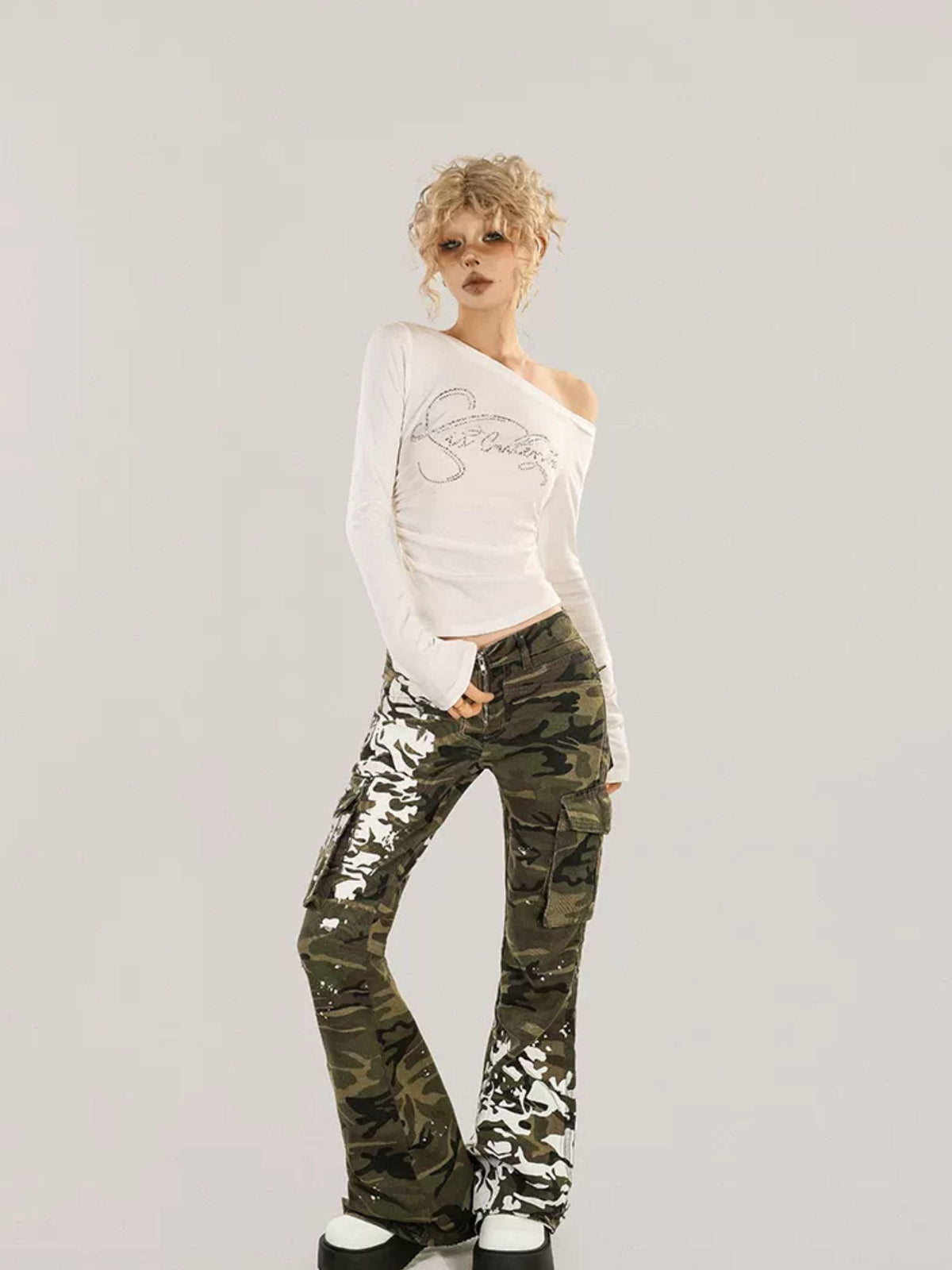 Nico Molly Rhinestone Print Asymmetric Shoulder Women&
