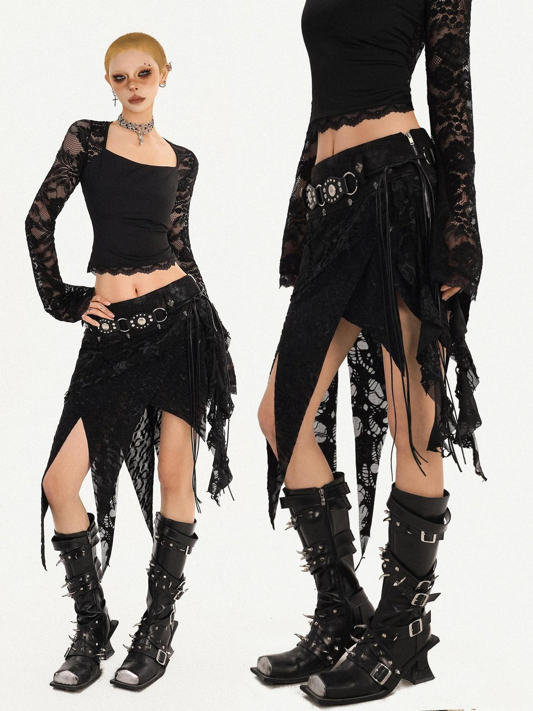 Nico Molly Romantic Gothic Asymmetric Fringe Belted Layered Women&
