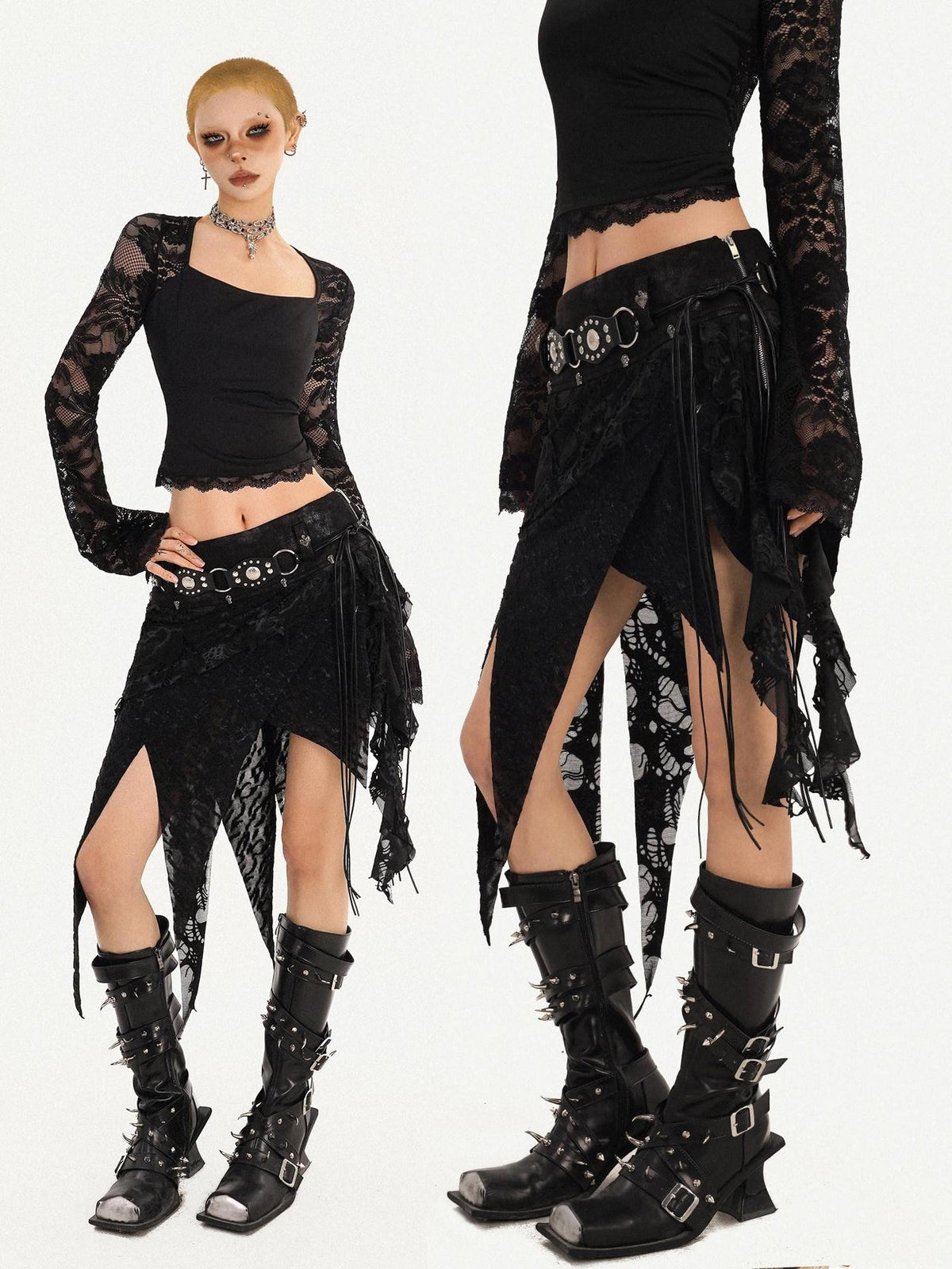 Nico Molly Romantic Gothic Asymmetric Fringe Belted Layered Women&