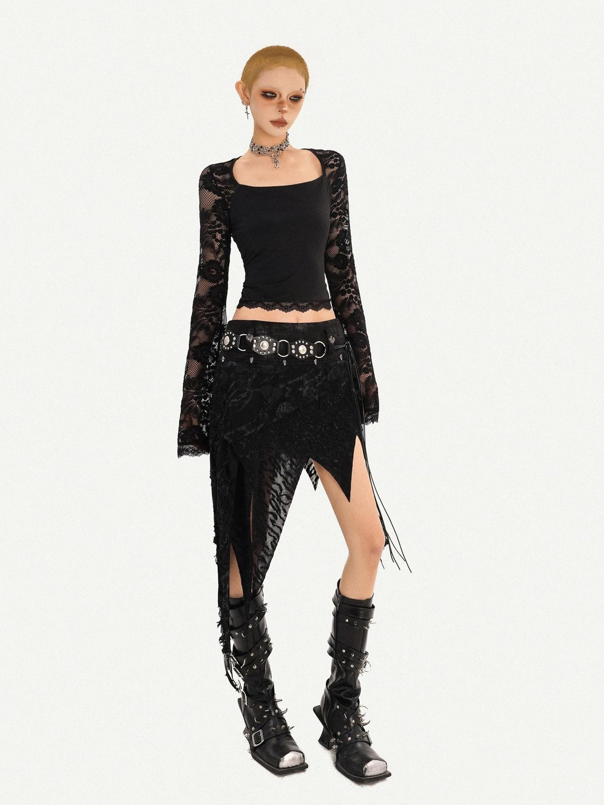 Nico Molly Romantic Gothic Asymmetric Fringe Belted Layered Women&