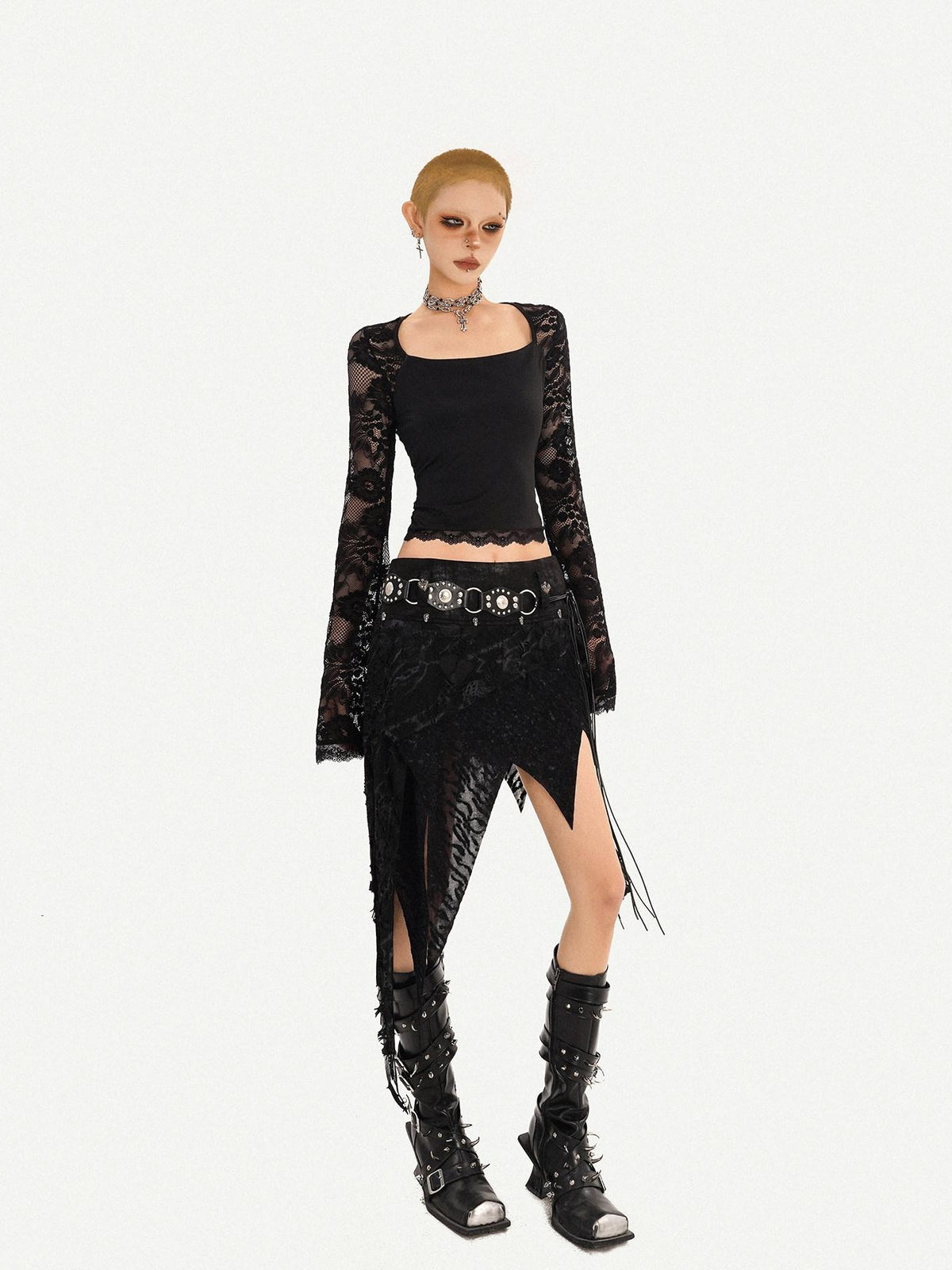 Nico Molly Romantic Gothic Asymmetric Fringe Belted Layered Women&
