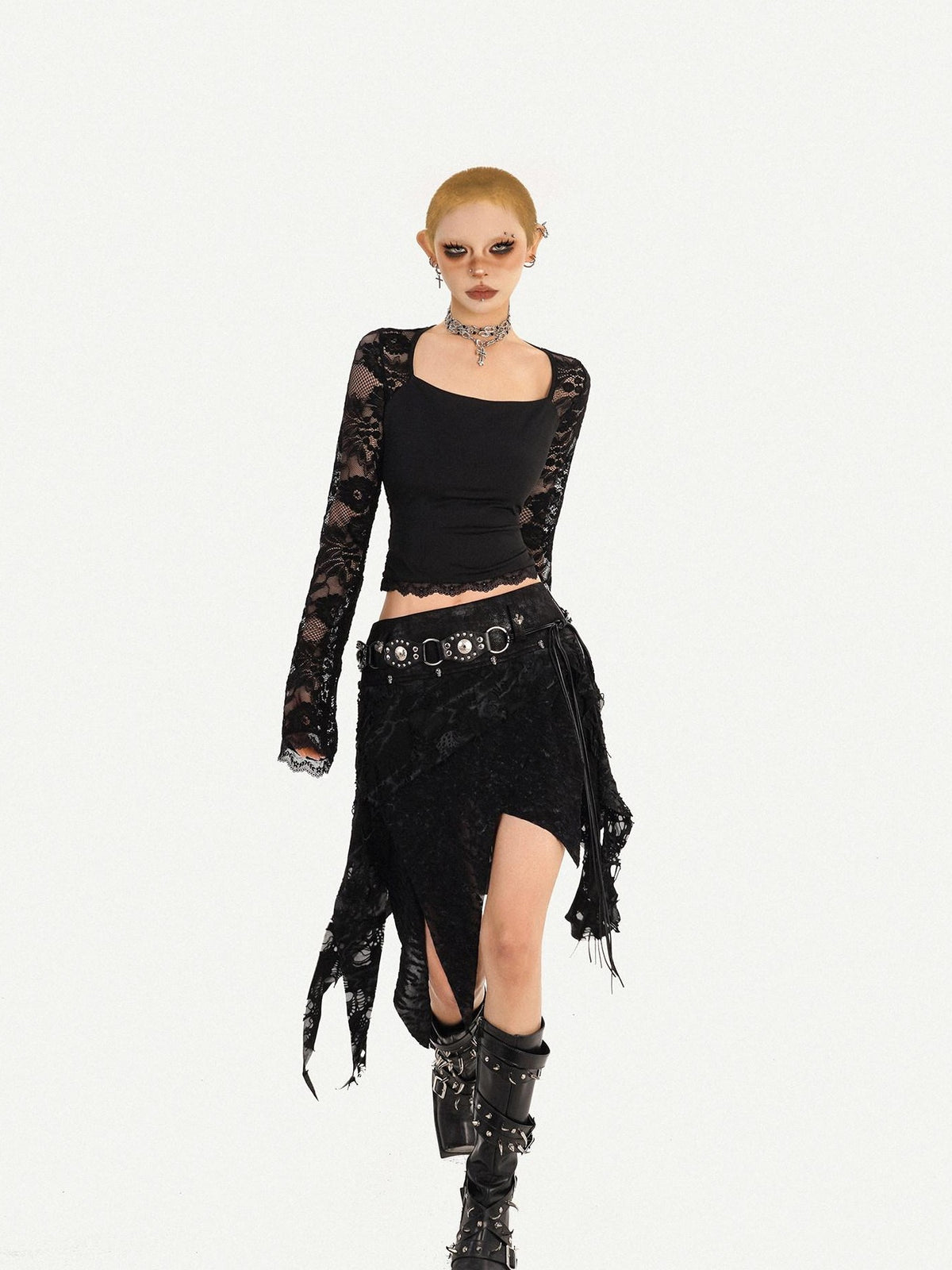 Nico Molly Romantic Gothic Asymmetric Fringe Belted Layered Women&