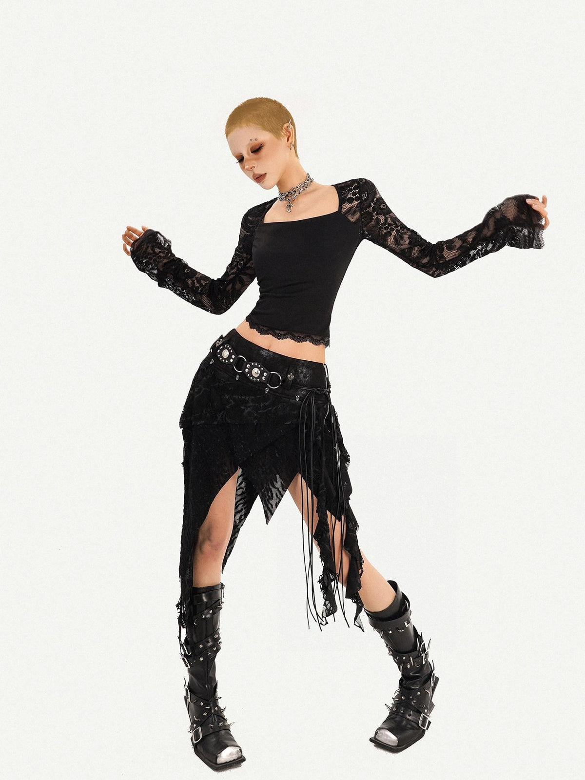 Nico Molly Romantic Gothic Asymmetric Fringe Belted Layered Women&
