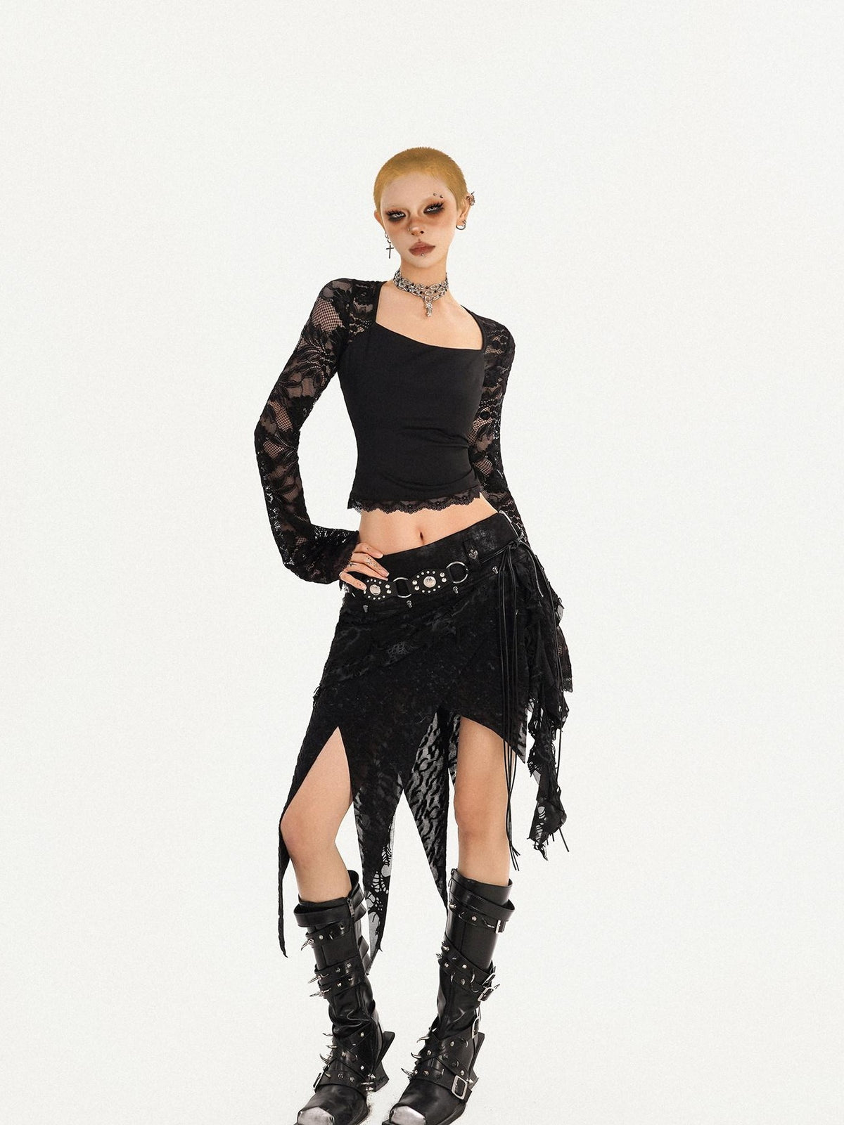 Nico Molly Romantic Gothic Asymmetric Fringe Belted Layered Women&