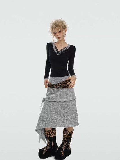 Nico Molly Rose Ribbon Asymmetrical Mid Waist Solid Vintage A Line Women&