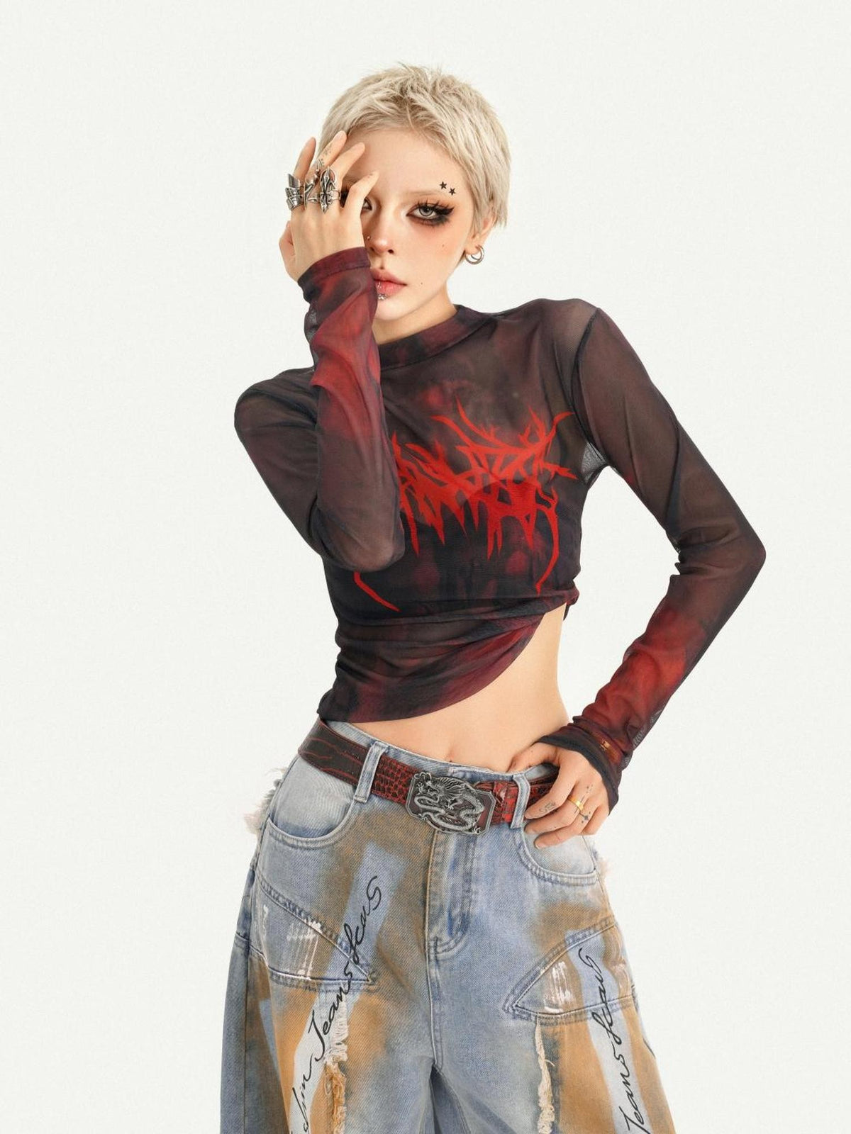 Nico Molly Sheer Gothic Red Letter Print Slim Fit Women&