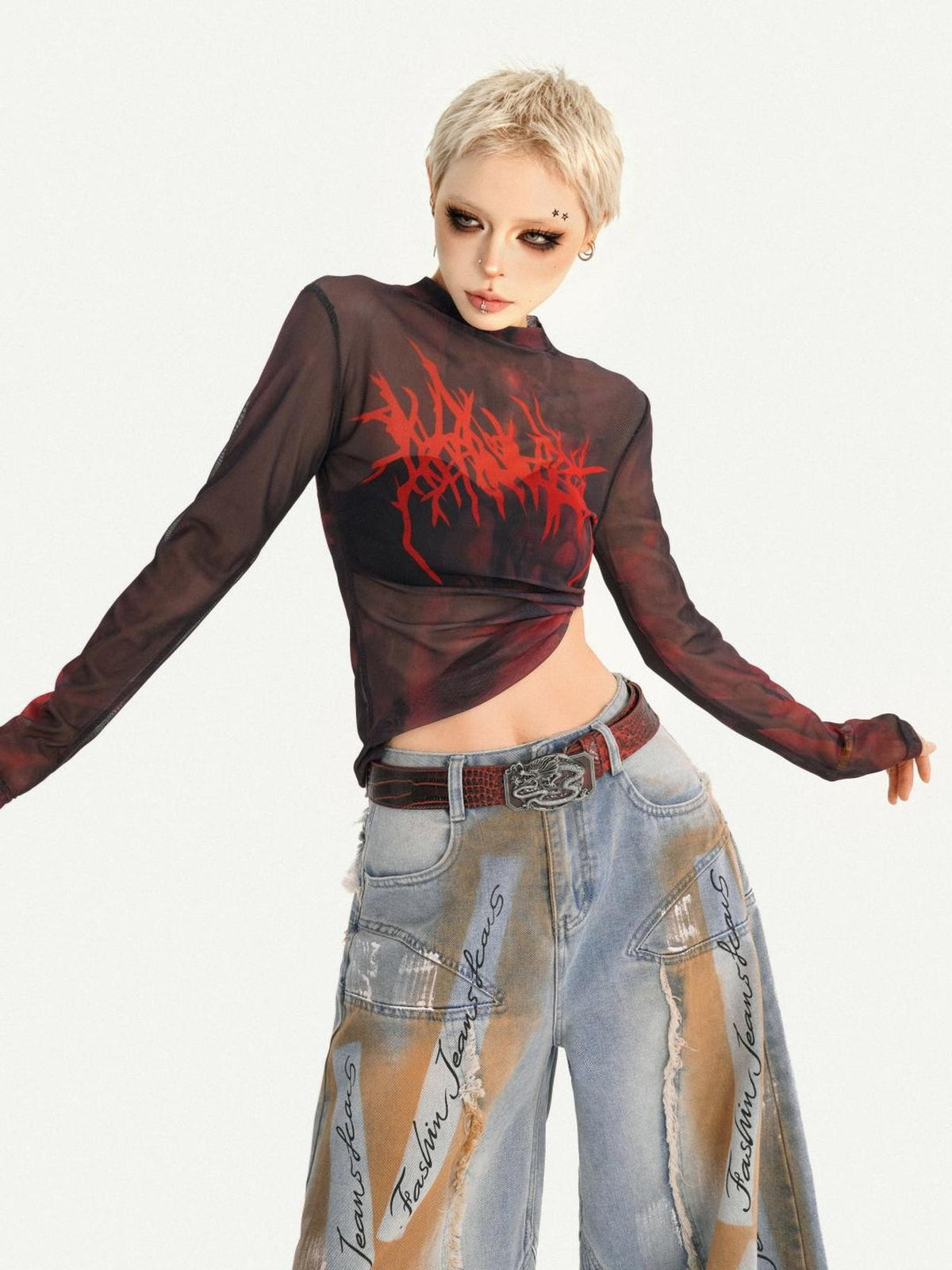Nico Molly Sheer Gothic Red Letter Print Slim Fit Women&