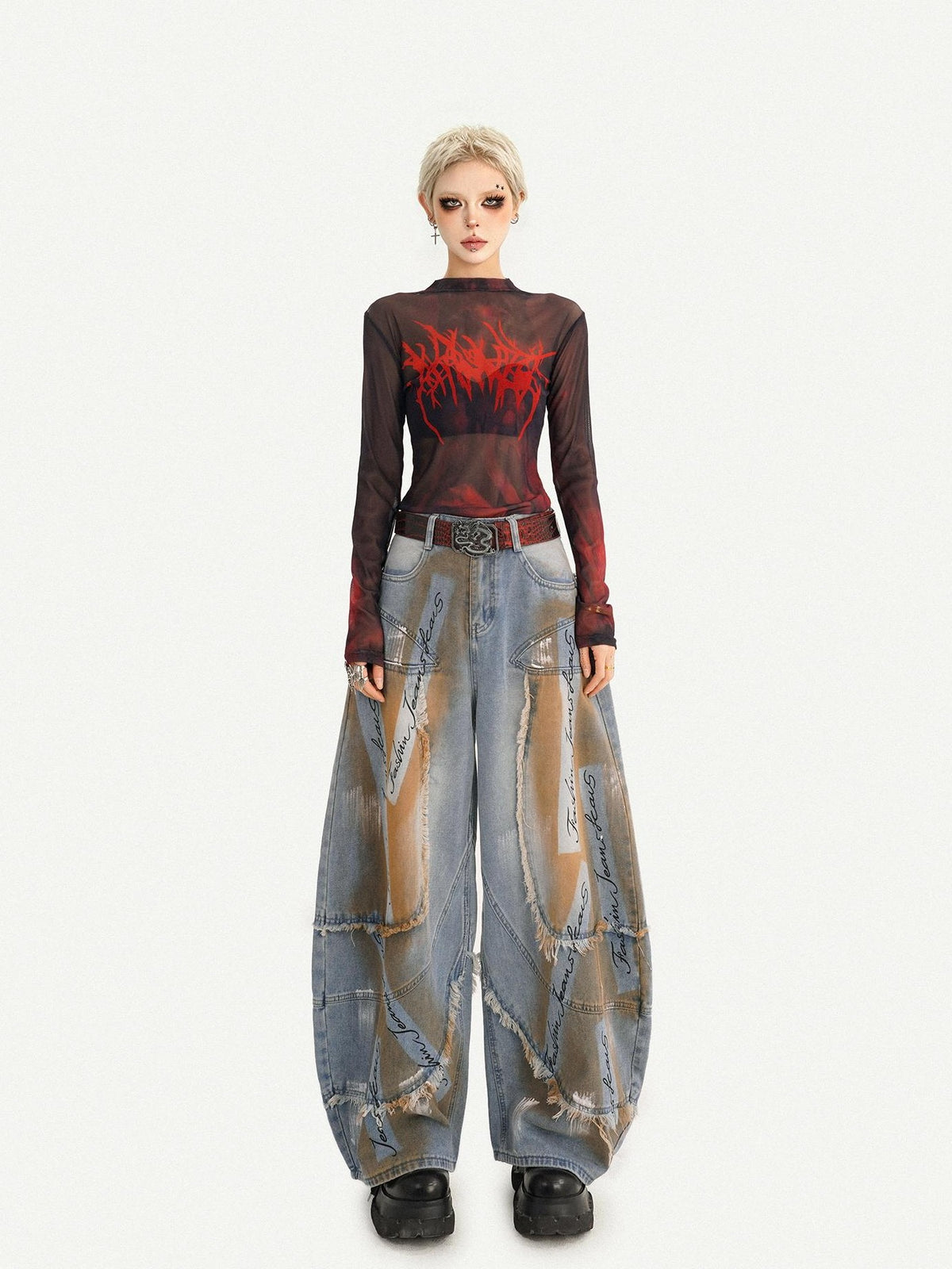 Nico Molly Sheer Gothic Red Letter Print Slim Fit Women&