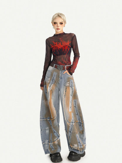Nico Molly Sheer Gothic Red Letter Print Slim Fit Women&