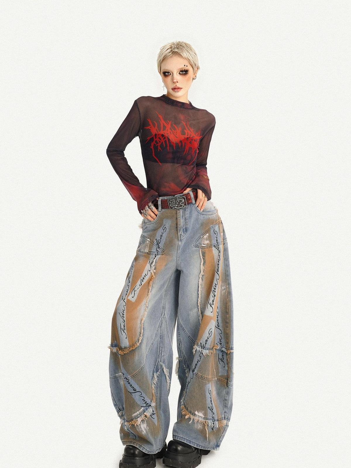 Nico Molly Sheer Gothic Red Letter Print Slim Fit Women&