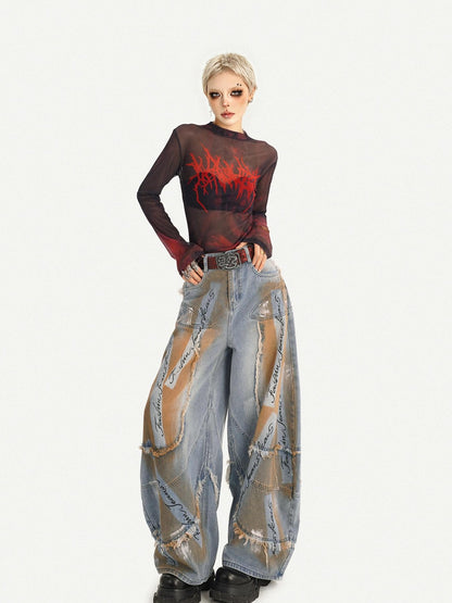 Nico Molly Sheer Gothic Red Letter Print Slim Fit Women&