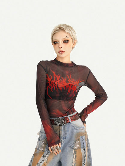 Nico Molly Sheer Gothic Red Letter Print Slim Fit Women&