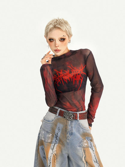 Nico Molly Sheer Gothic Red Letter Print Slim Fit Women&