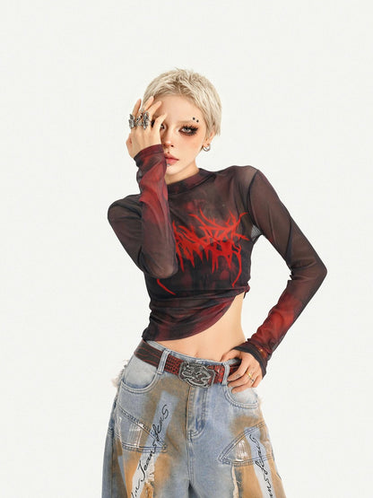 Nico Molly Sheer Gothic Red Letter Print Slim Fit Women&