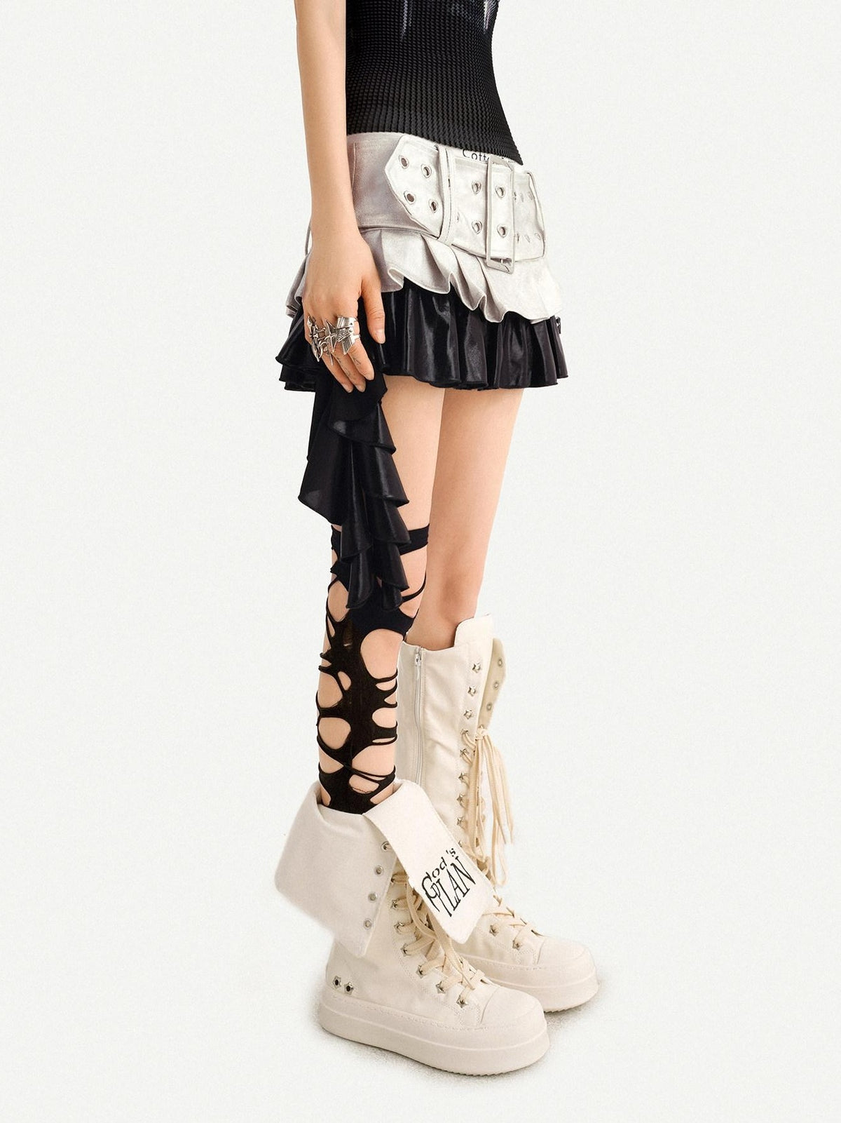 Nico Molly Silver Distressed Wide Belt Spliced Pleated Low Waist Women&