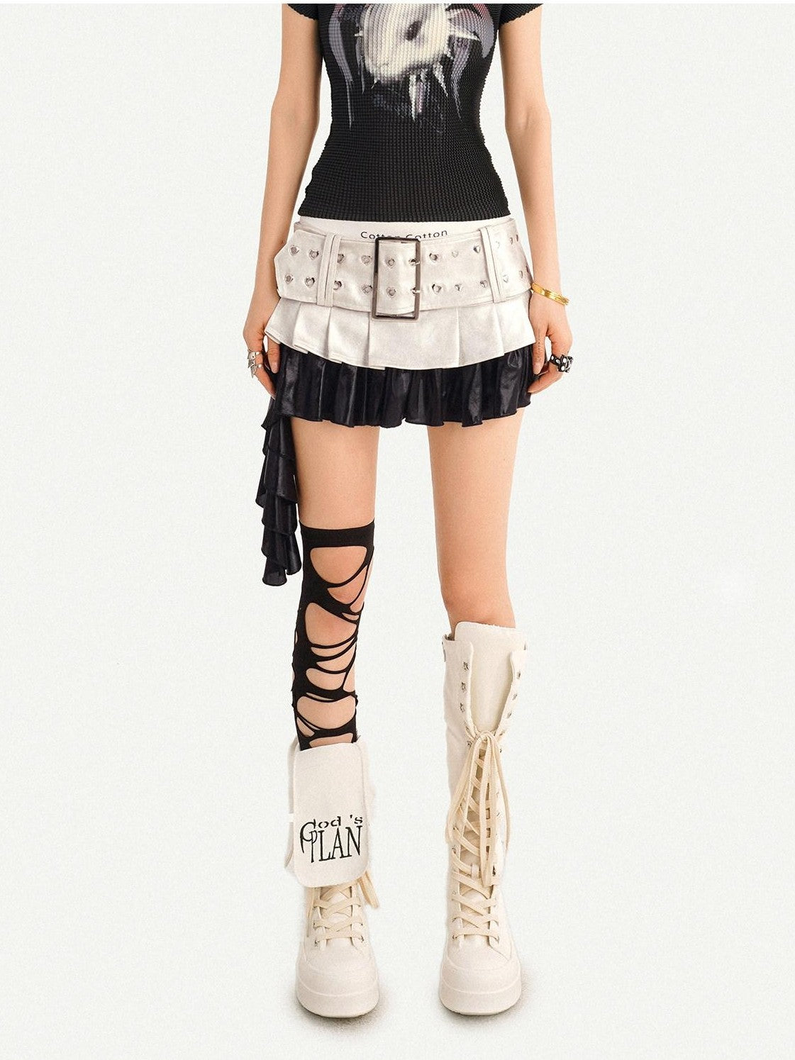 Nico Molly Silver Distressed Wide Belt Spliced Pleated Low Waist Women&