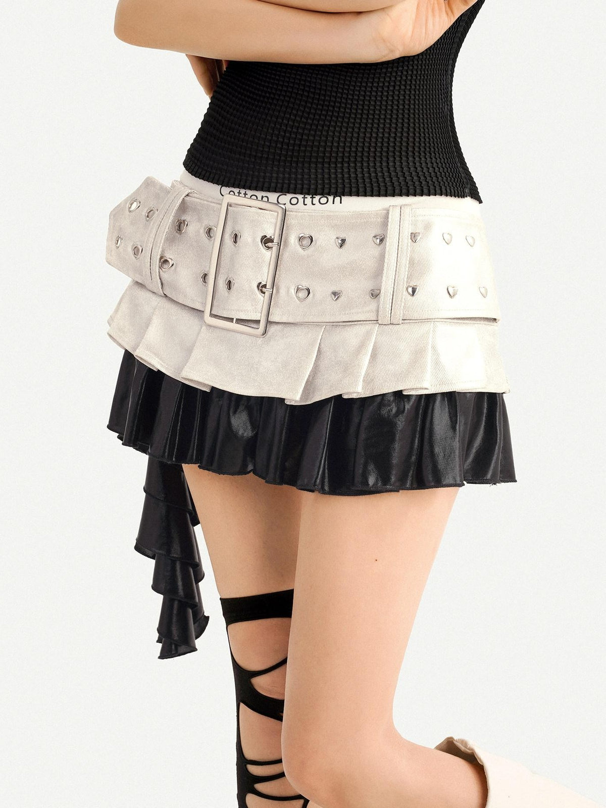 Nico Molly Silver Distressed Wide Belt Spliced Pleated Low Waist Women&
