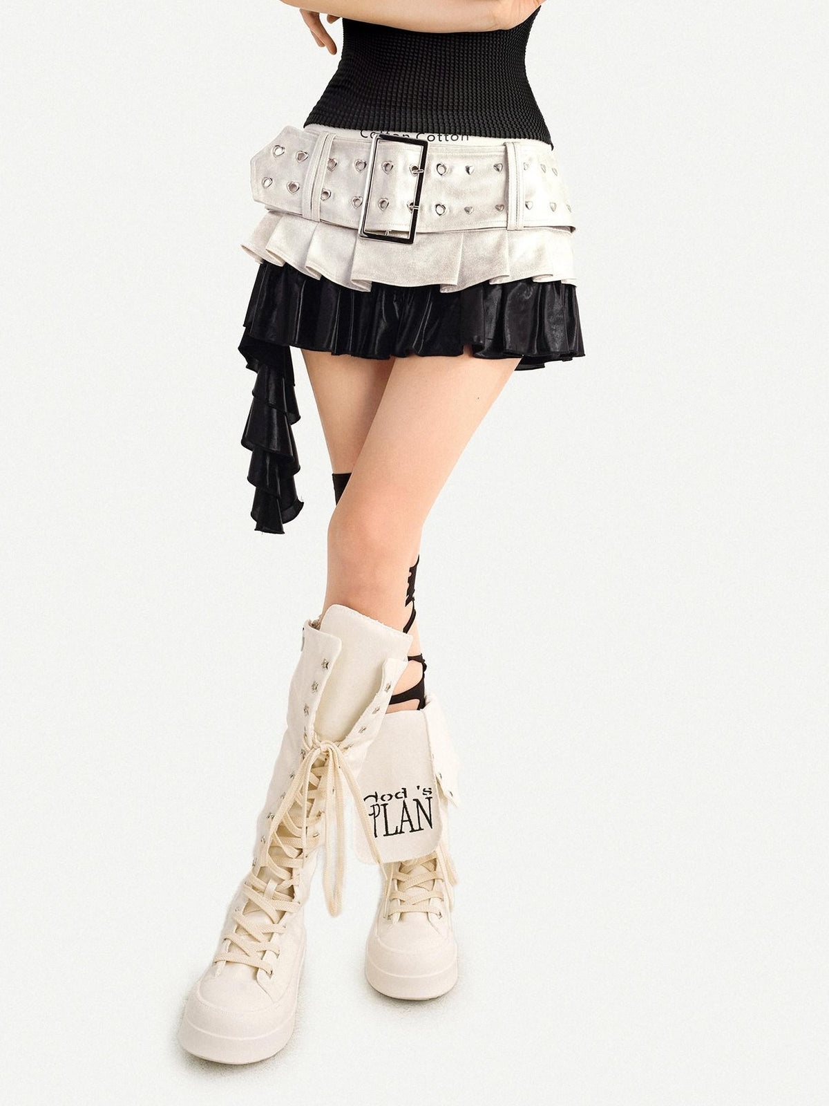 Nico Molly Silver Distressed Wide Belt Spliced Pleated Low Waist Women&