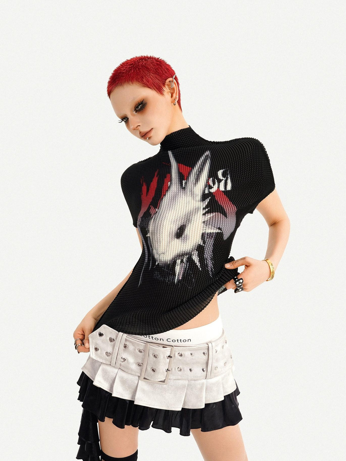 Nico Molly Silver Distressed Wide Belt Spliced Pleated Low Waist Women&
