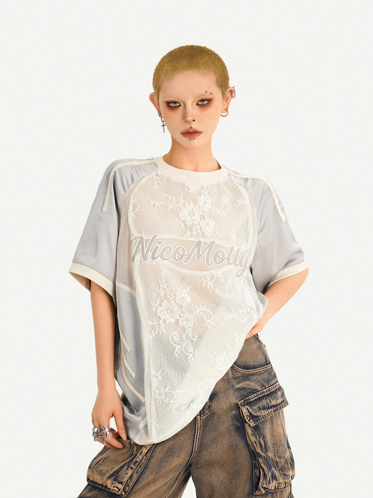 Nico Molly Silver Lace Panel Embroidered Sporty Women&