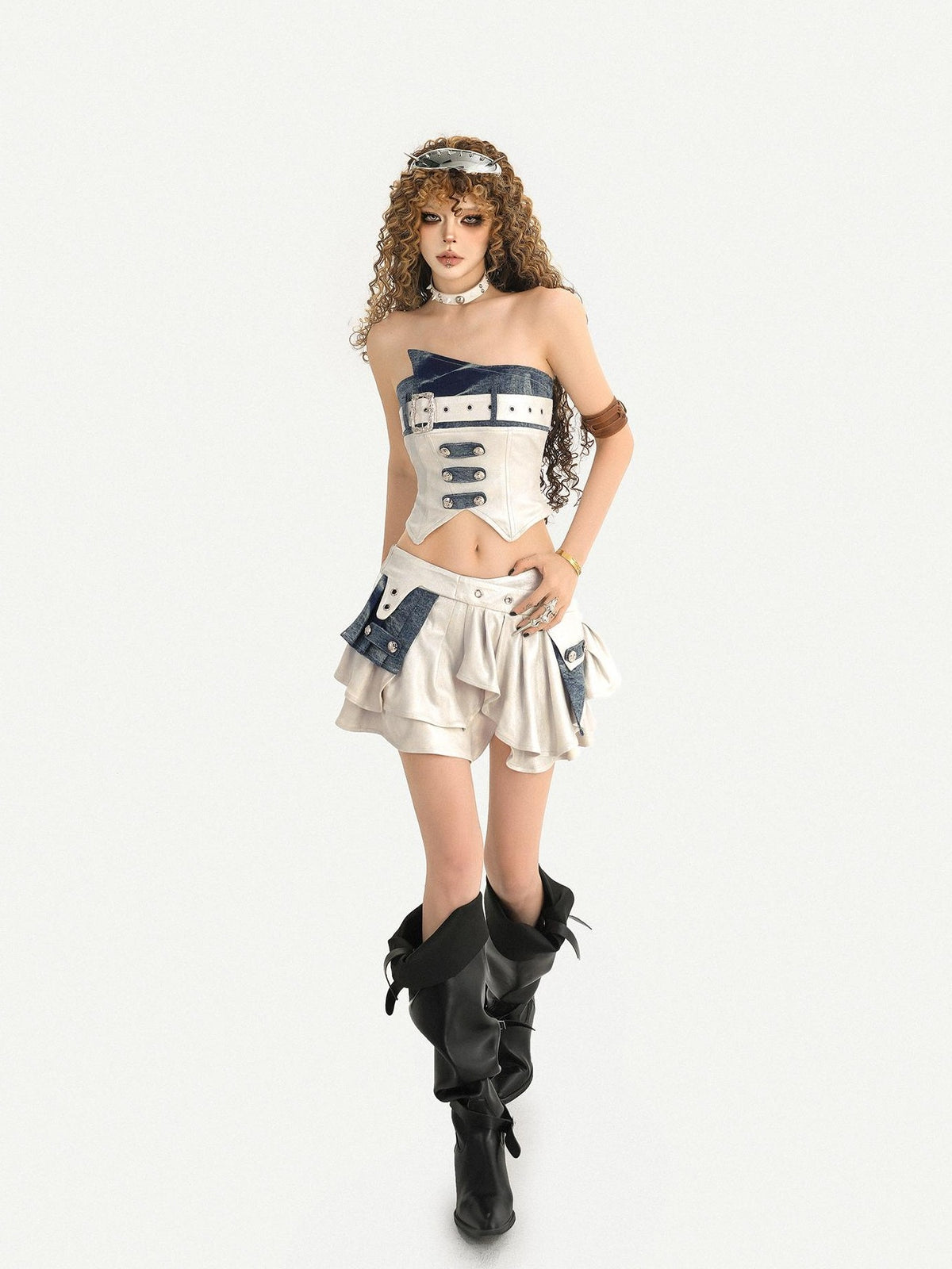 Nico Molly Silver Studded Patchwork Strapless Women&