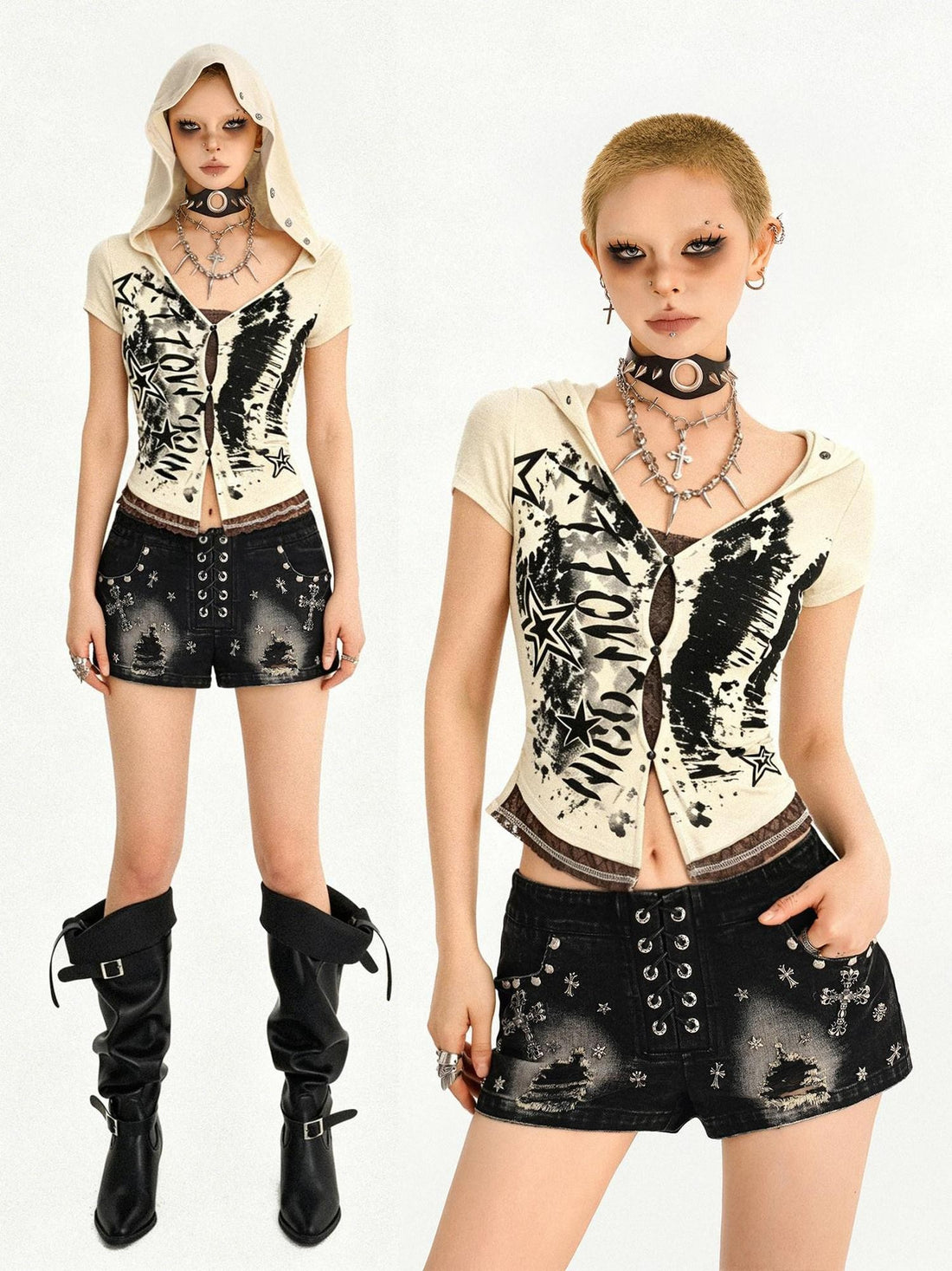 Nico Molly Skull Patchwork Faux Layered Hooded Cinch Waist Aline Women&