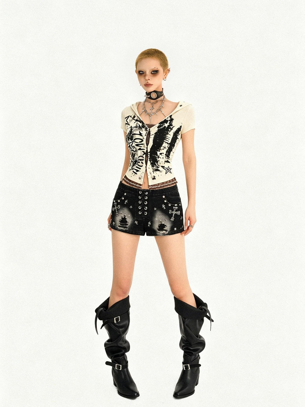 Nico Molly Skull Patchwork Faux Layered Hooded Cinch Waist Aline Women&