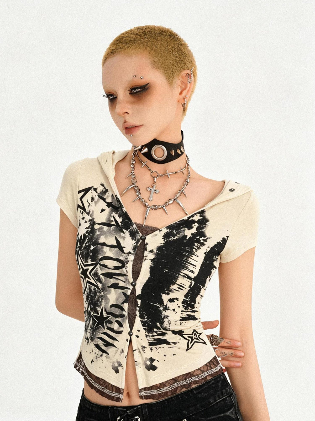 Nico Molly Skull Patchwork Faux Layered Hooded Cinch Waist Aline Women&