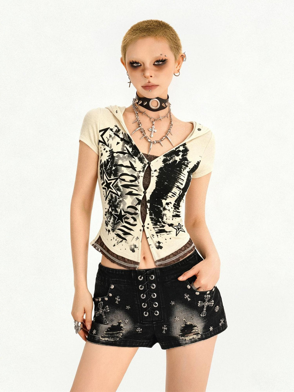 Nico Molly Skull Patchwork Faux Layered Hooded Cinch Waist Aline Women&