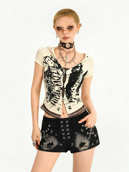 Nico Molly Skull Patchwork Faux Layered Hooded Cinch Waist Aline Women&