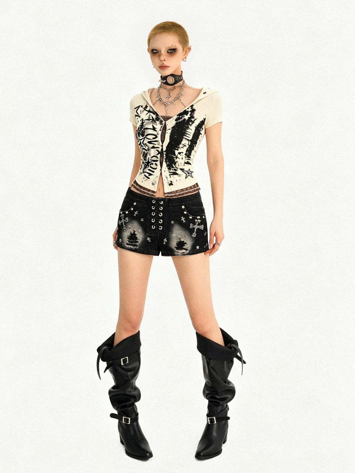 Nico Molly Skull Patchwork Faux Layered Hooded Cinch Waist Aline Women&