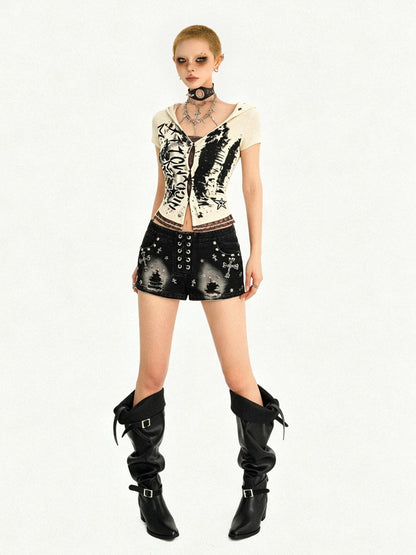 Nico Molly Skull Patchwork Faux Layered Hooded Cinch Waist Aline Women&