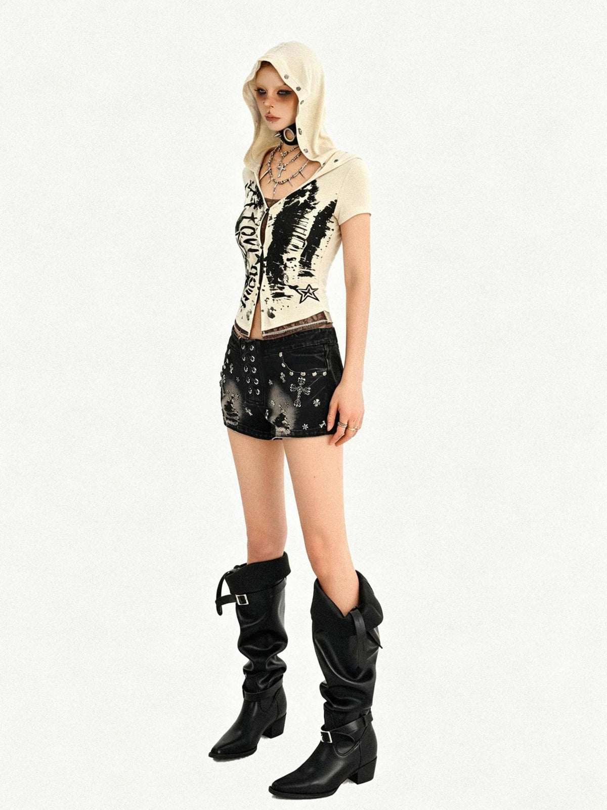 Nico Molly Skull Patchwork Faux Layered Hooded Cinch Waist Aline Women&