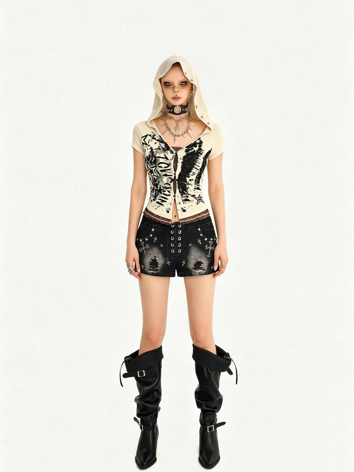 Nico Molly Skull Patchwork Faux Layered Hooded Cinch Waist Aline Women&