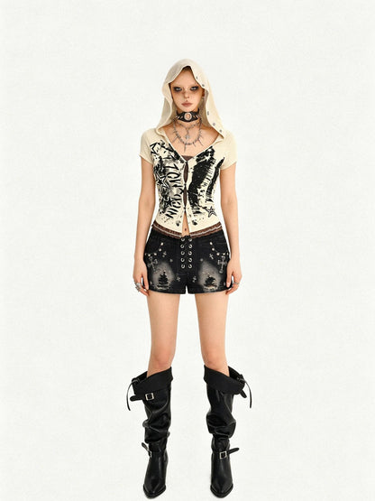 Nico Molly Skull Patchwork Faux Layered Hooded Cinch Waist Aline Women&