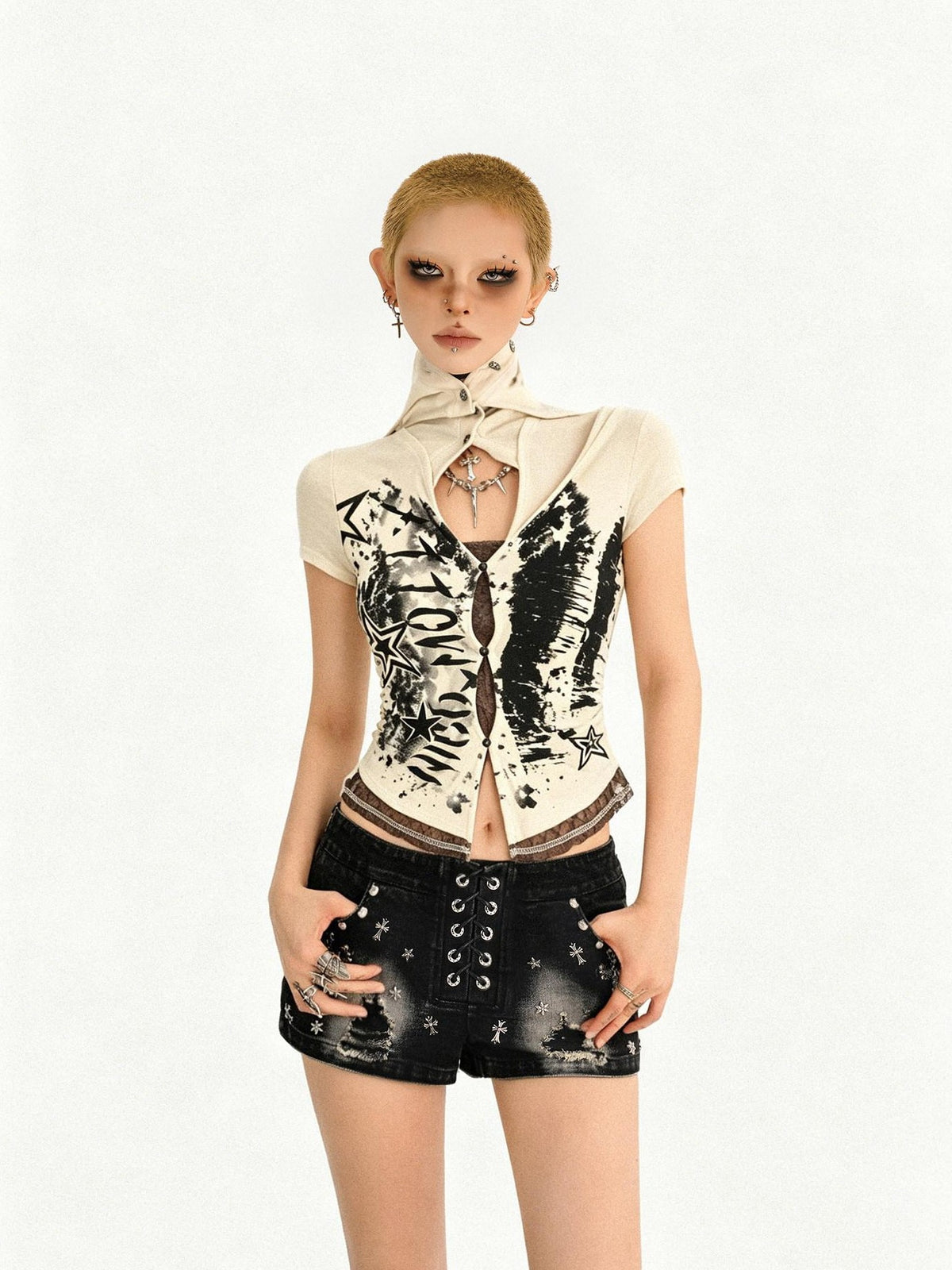 Nico Molly Skull Patchwork Faux Layered Hooded Cinch Waist Aline Women&