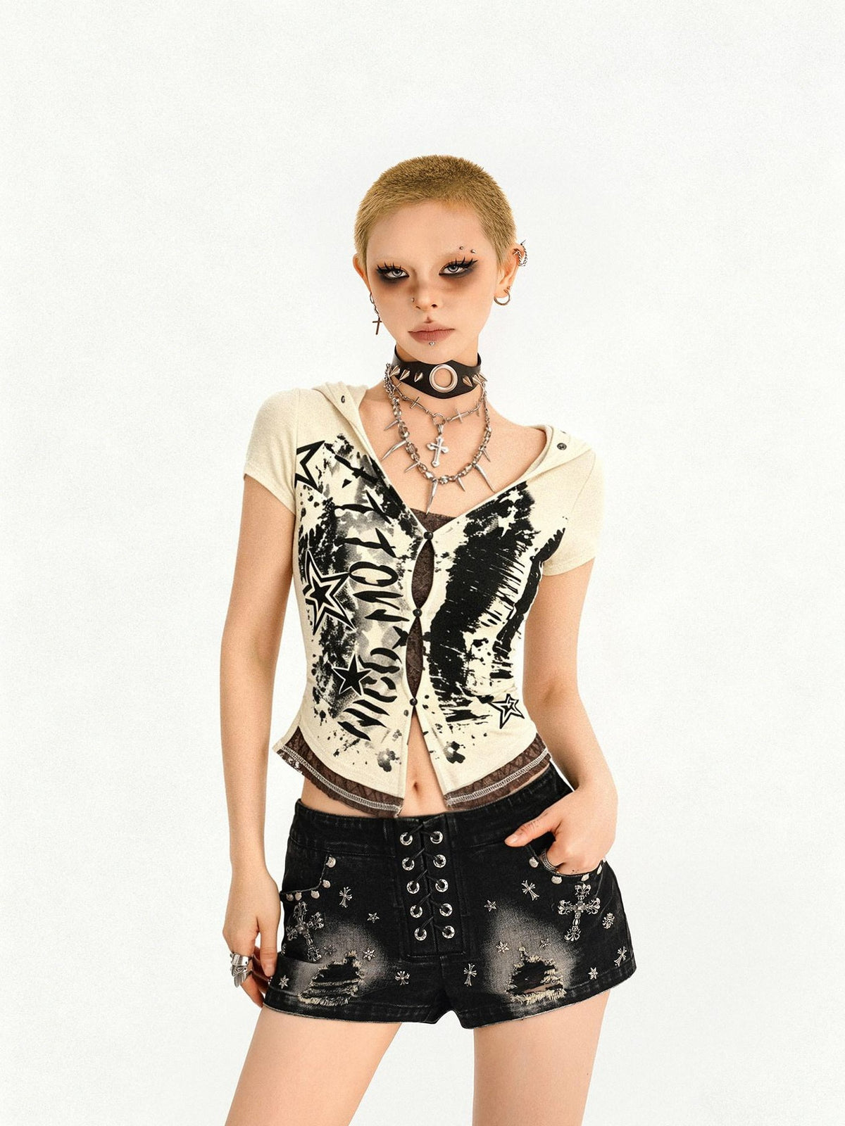 Nico Molly Skull Patchwork Faux Layered Hooded Cinch Waist Aline Women&