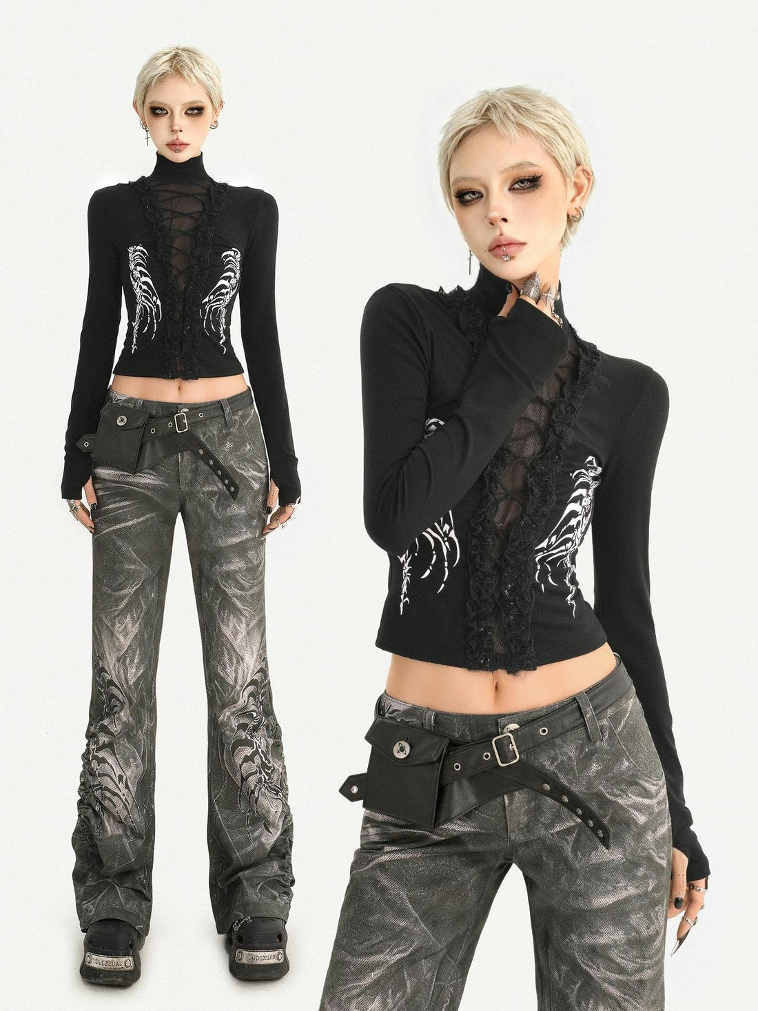 Nico Molly Skull Print Lace Splice High Neck Slim Women&