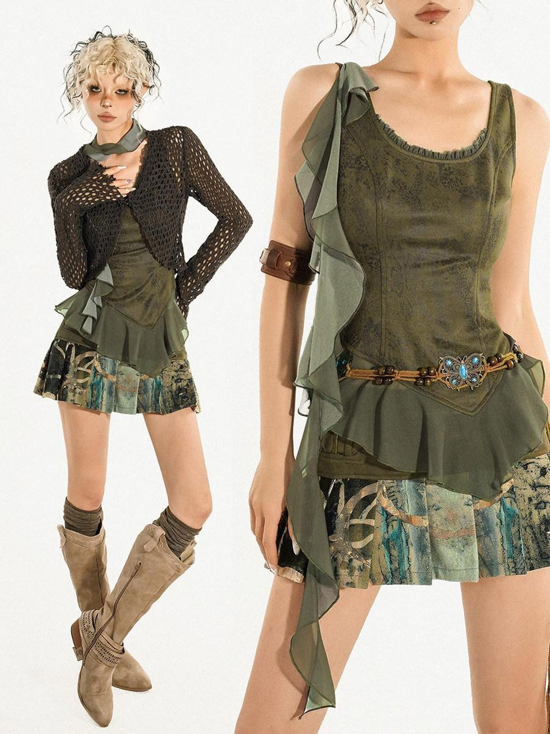 Nico Molly Solid Green Ribbon Tie Zipper Slim Fit Figure Flattering Women&