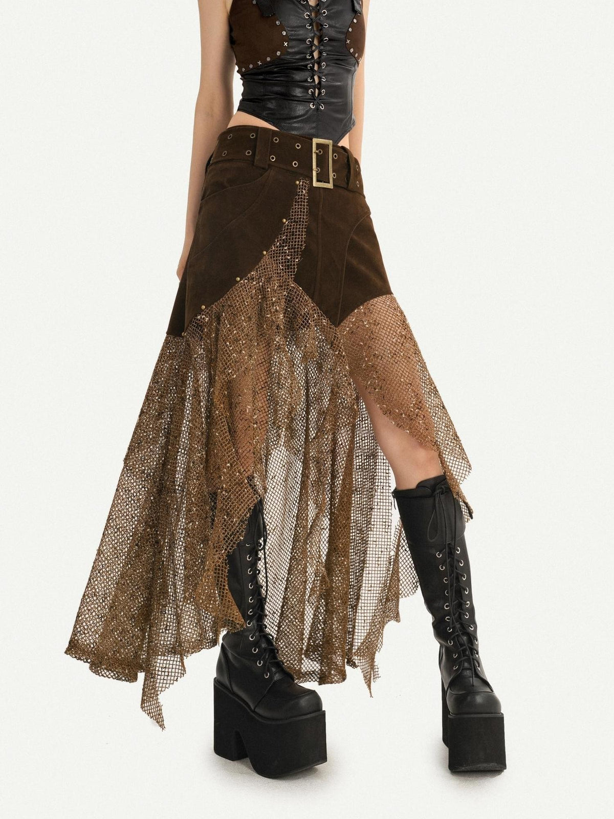 Nico Molly Steampunk Patchwork Asymmetric Mesh Women&