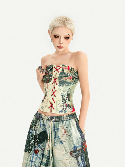 Nico Molly Street Punk Printed Lace Up Bustier Cropped Slim Women&
