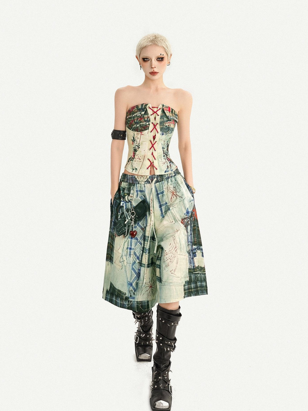 Nico Molly Street Punk Printed Lace Up Bustier Cropped Slim Women&