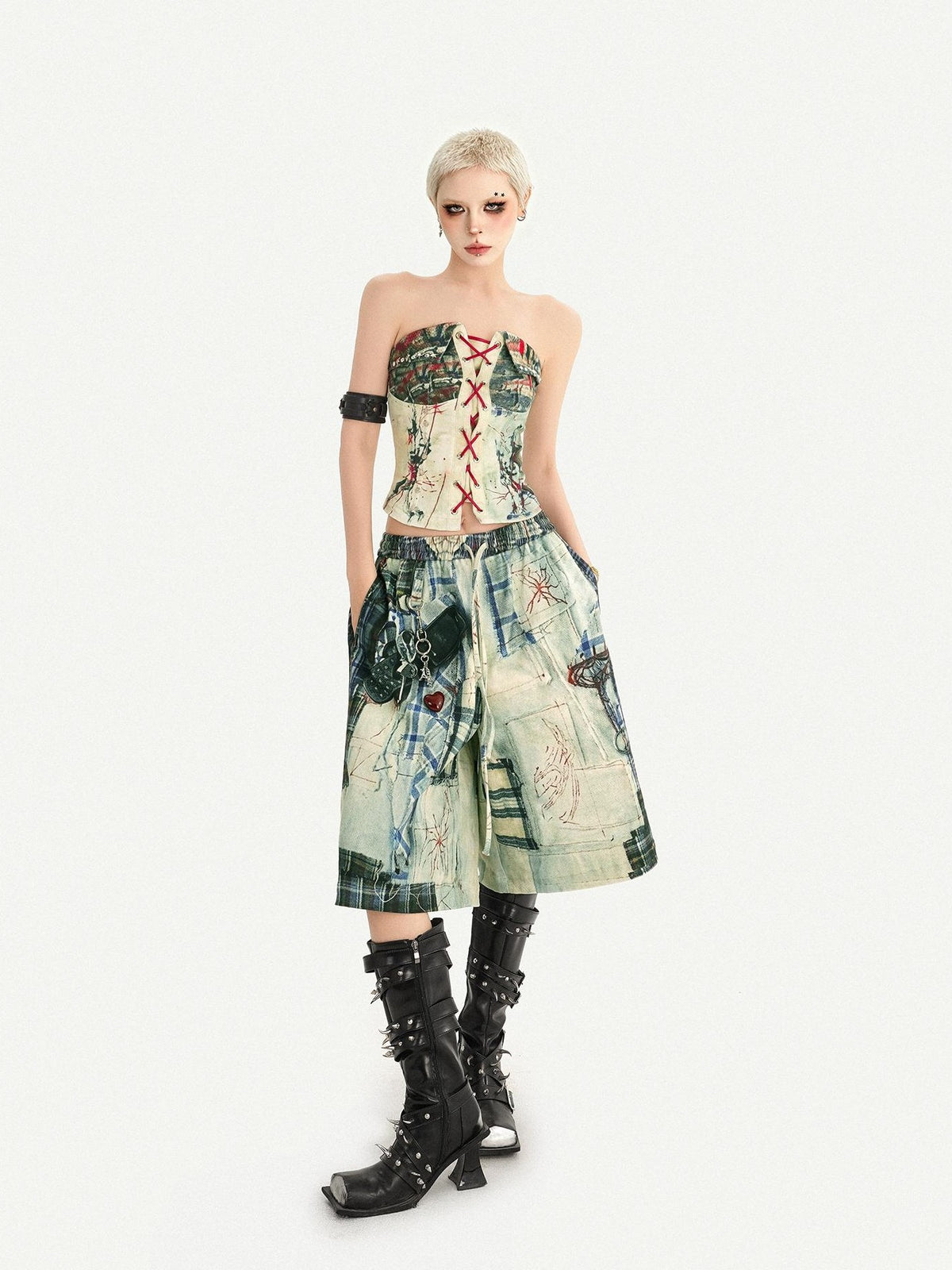 Nico Molly Street Punk Printed Lace Up Bustier Cropped Slim Women&