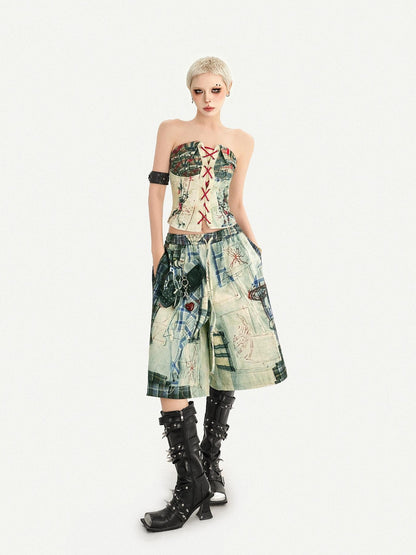Nico Molly Street Punk Printed Lace Up Bustier Cropped Slim Women&