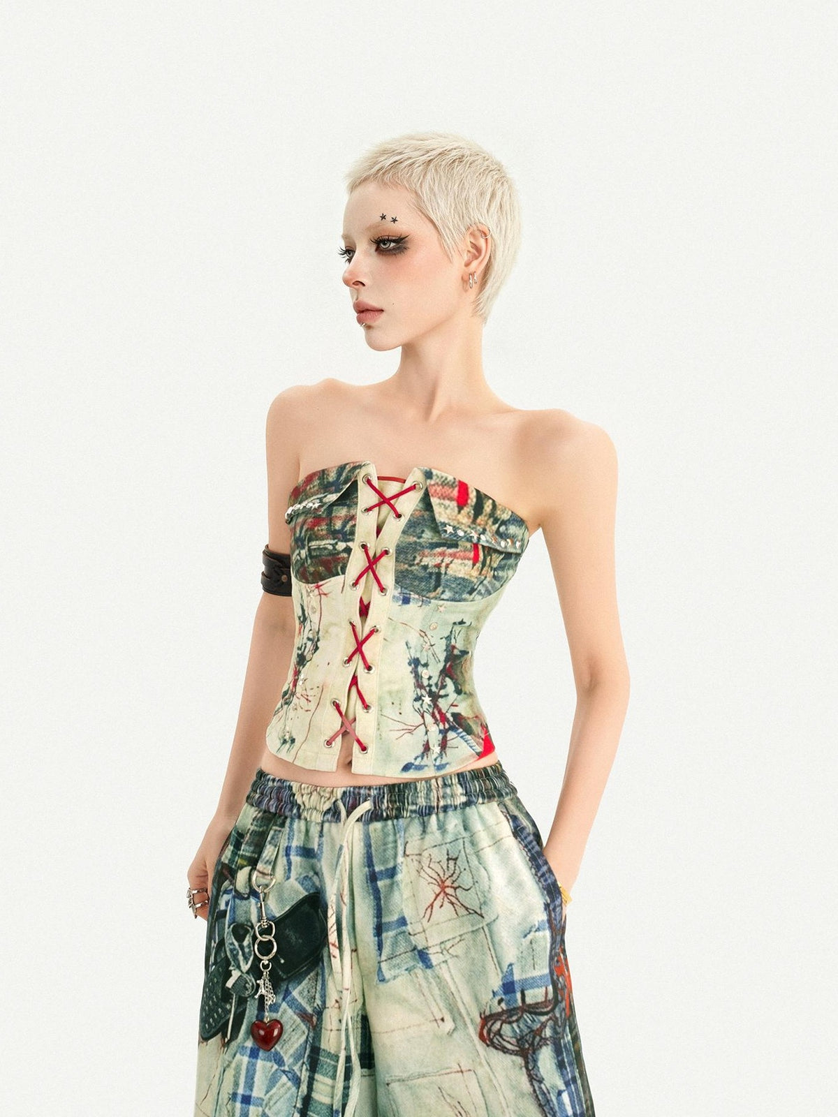 Nico Molly Street Punk Printed Lace Up Bustier Cropped Slim Women&