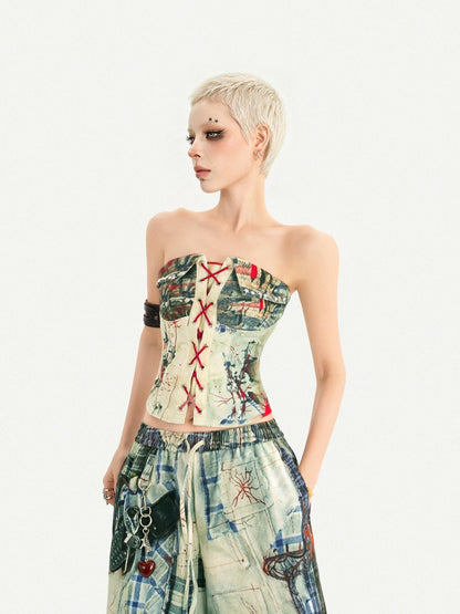Nico Molly Street Punk Printed Lace Up Bustier Cropped Slim Women&
