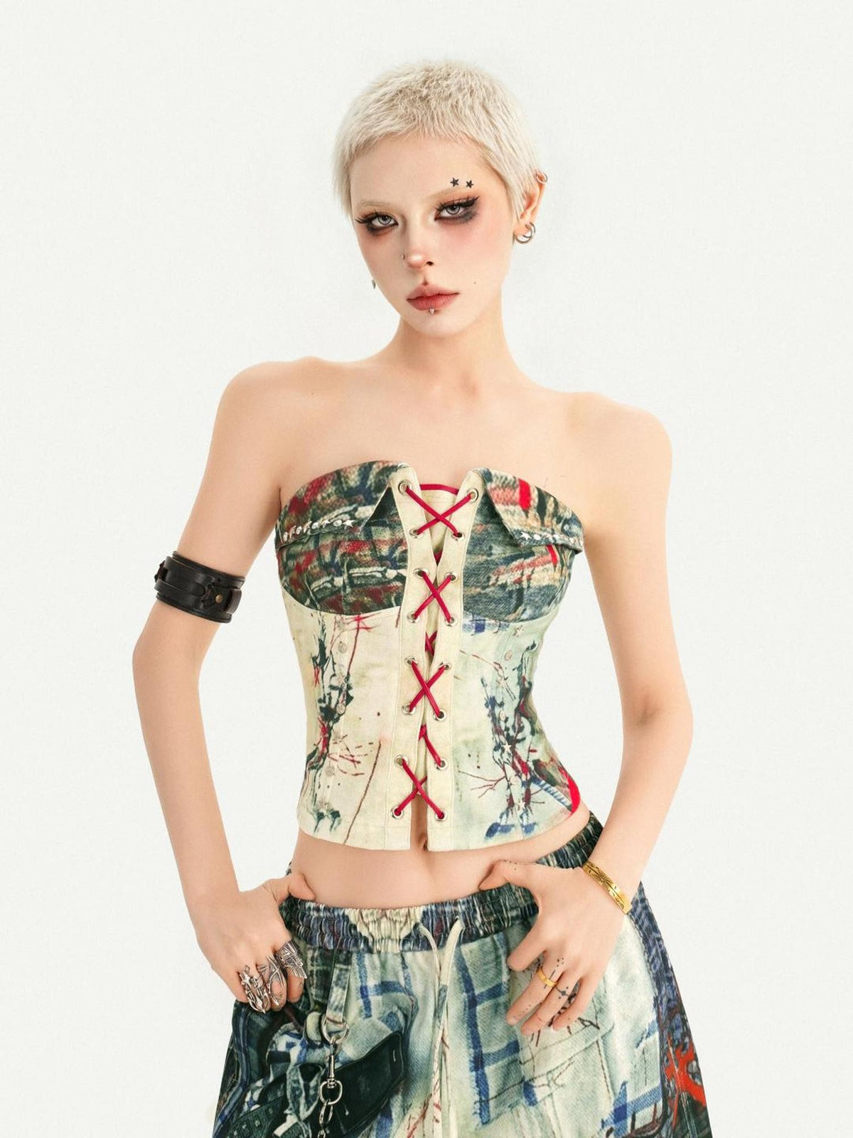 Nico Molly Street Punk Printed Lace Up Bustier Cropped Slim Women&