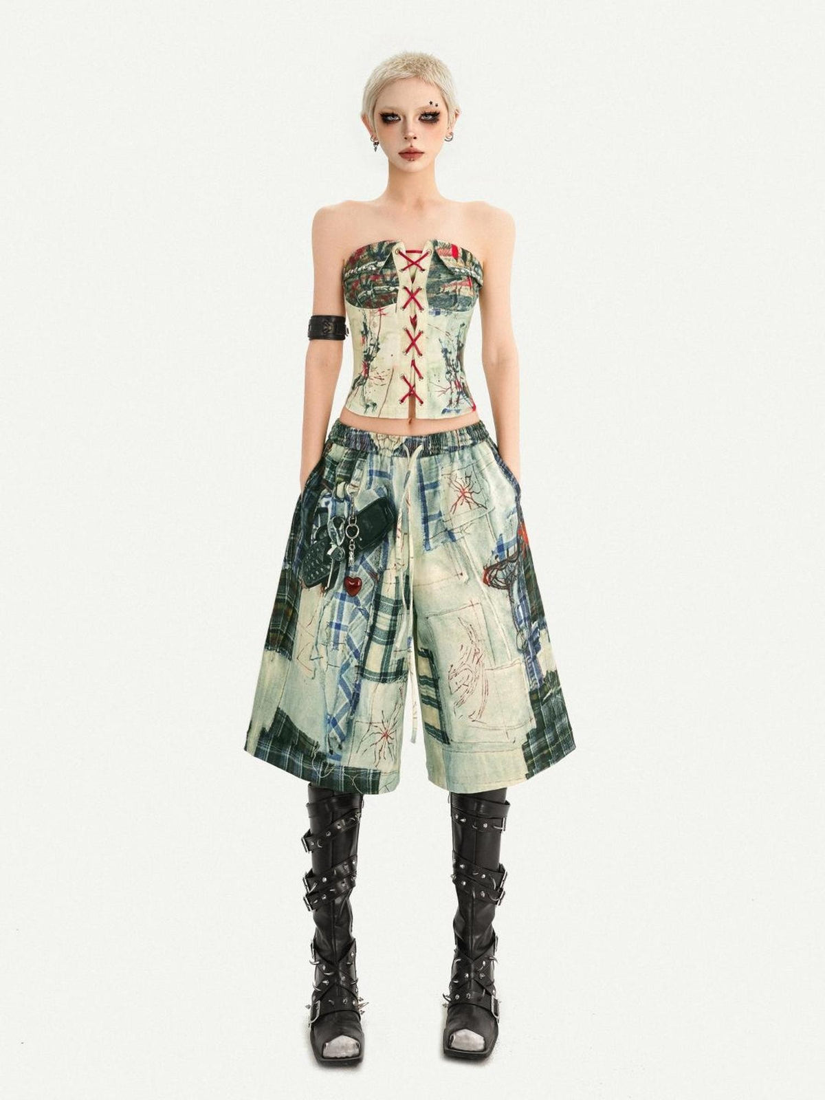 Nico Molly Street Punk Printed Lace Up Bustier Cropped Slim Women&