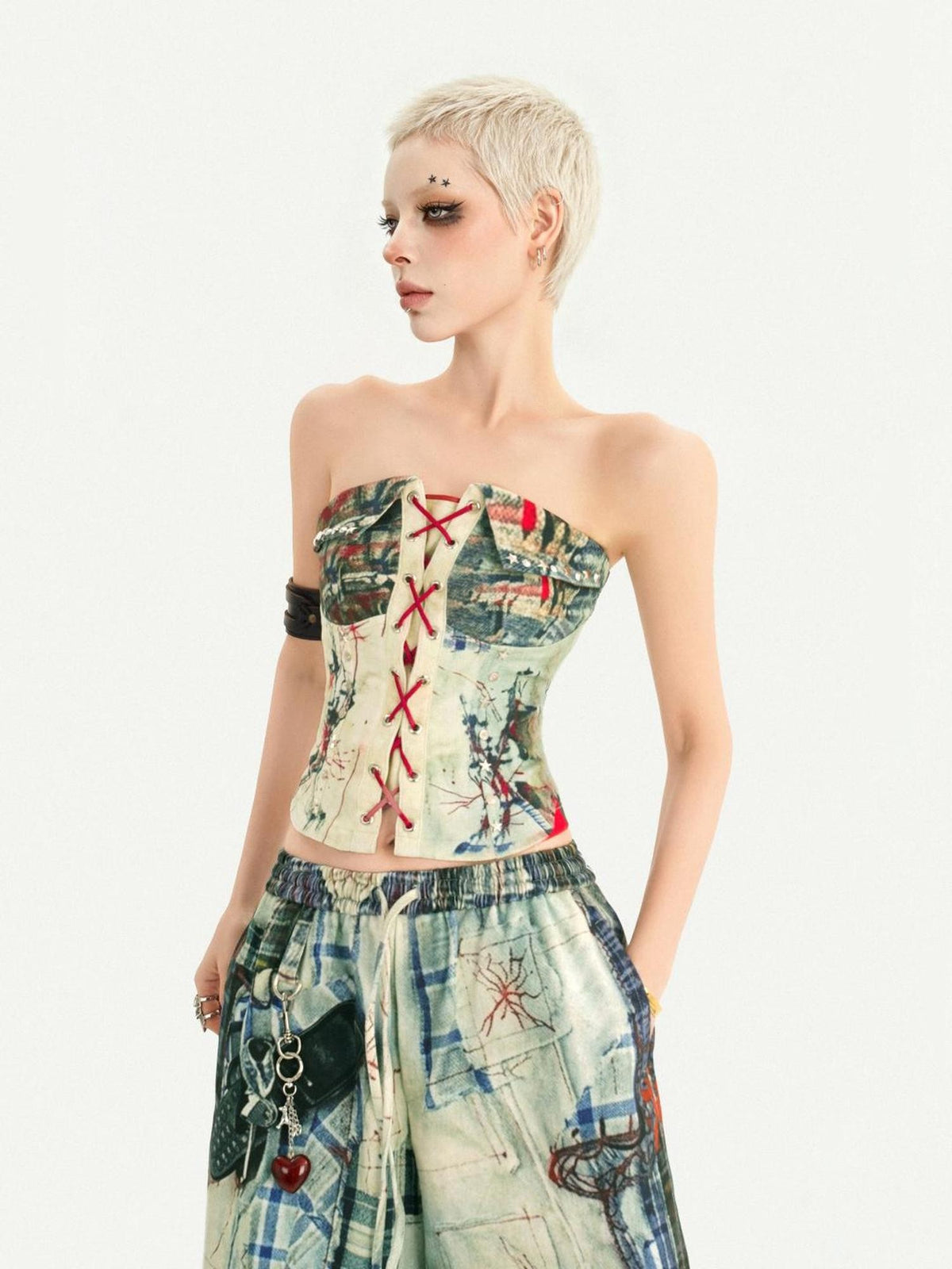 Nico Molly Street Punk Printed Lace Up Bustier Cropped Slim Women&